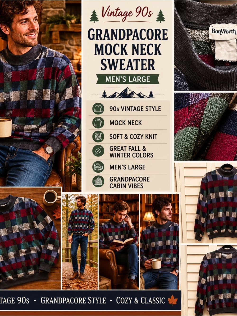 Vintage 90s Sweater Men Large Mock Neck Checkered Colorblock Grandpacore Cottage